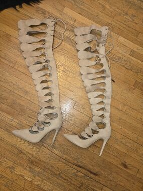 Suede Lace-Up Gladiator Knee-High Stiletto Boots - Beige
